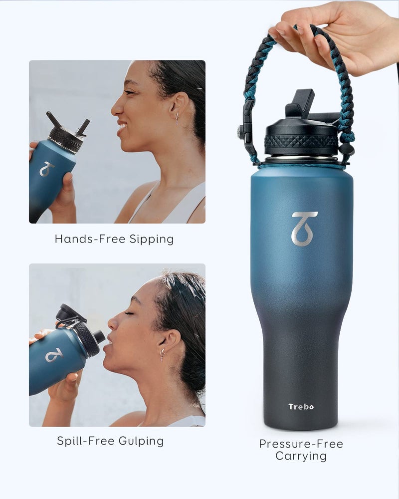 Trebo 40oz Water Bottle Insulated with Lid and Straw Double Wall Vacuum Stainless Steel Metal Tumbler Flask Fit in Any Car Cup Holder with Paracord Handle Leakproof Keep Cold Hot Indigo/Black - Image 4